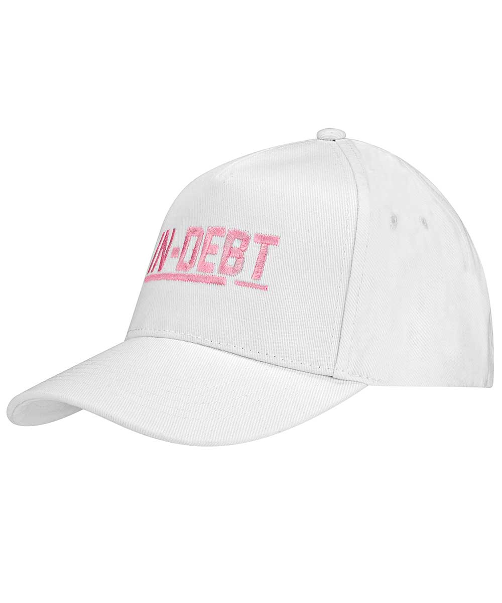 White Baseball Cap with Pink In-Debt Logo - In-Debt Clothing