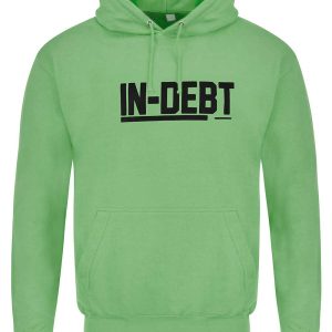 Apple green hoodie with black In-Debt logo (front view)