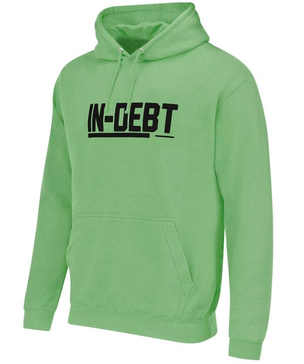 Apple green hoodie with black In-Debt logo (3/4 view)