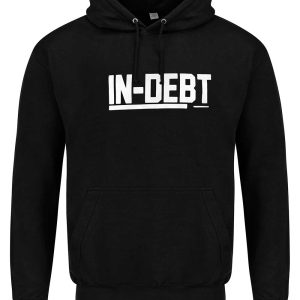 Black hoodie with white In-Debt logo (front view)