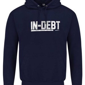 Oxford navy hoodie with silver In-Debt logo (front view)