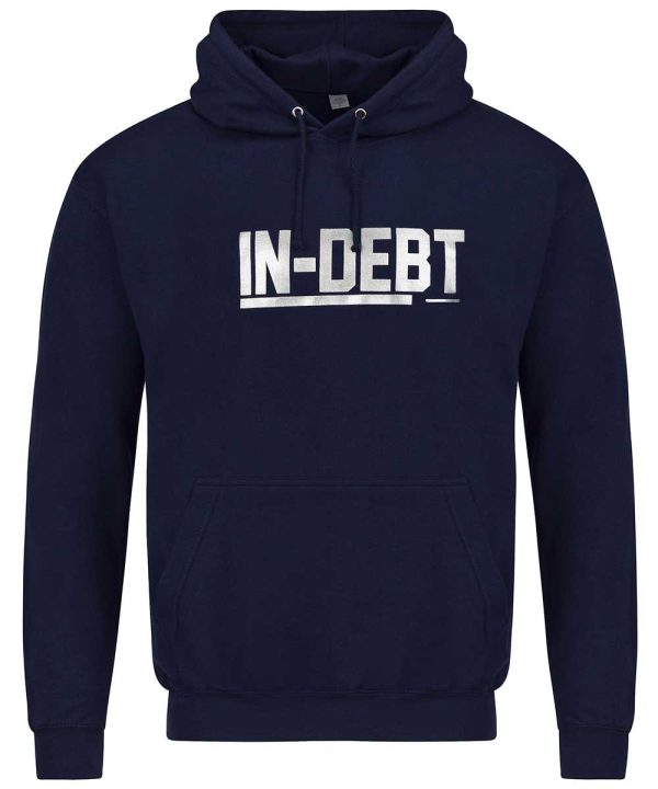 Oxford navy hoodie with silver In-Debt logo (front view)