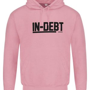 Pink hoodie with black In-Debt logo (front view)