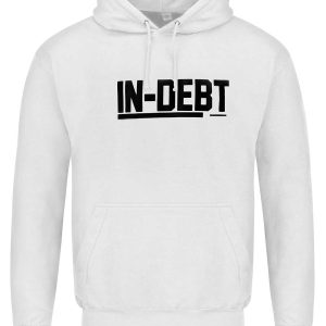 White hoodie with black In-Debt logo (front view)